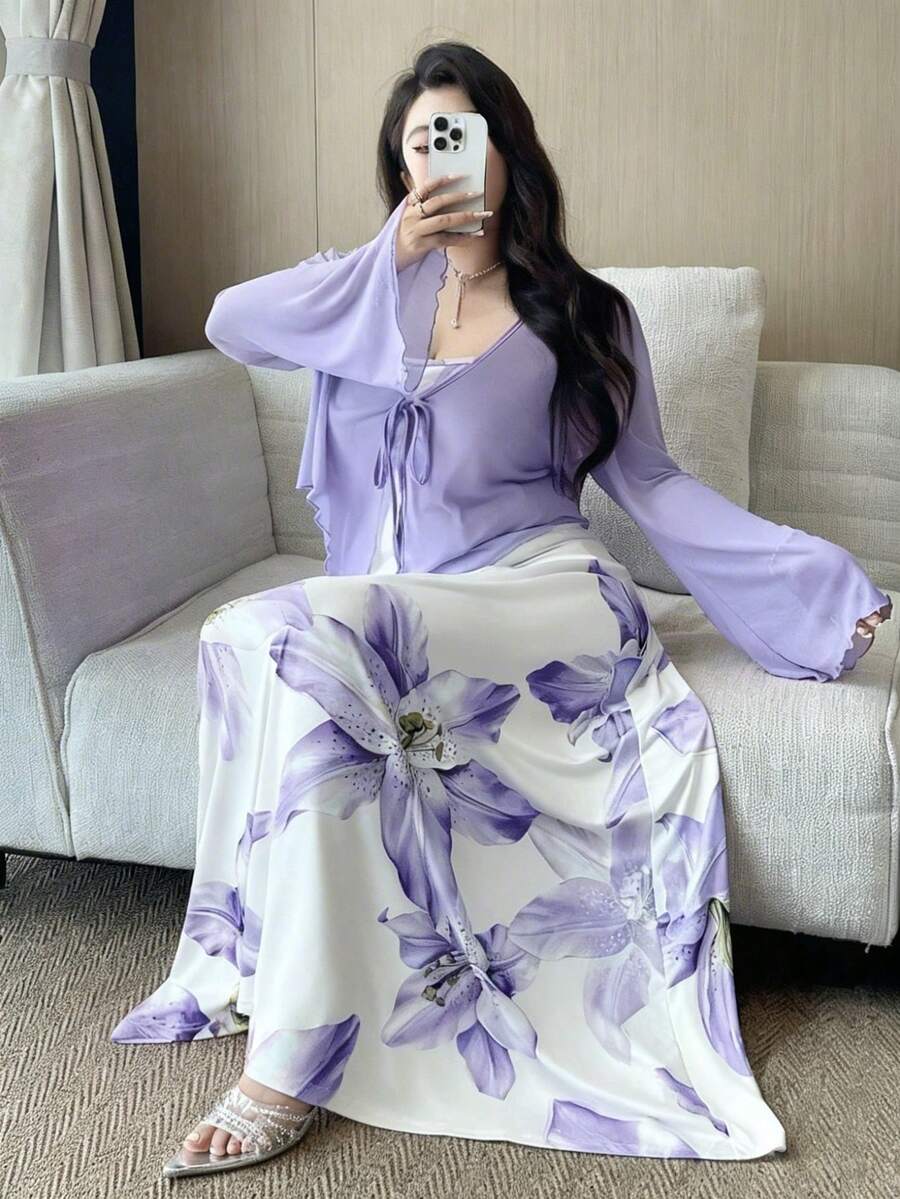 Vibekara Bộ trang phục thường ngày dành cho nữ cỡ lớn, gồm váy in hoa và áo khoác cardigan màu trơn. - Nhiều màu - Xem 1