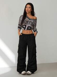 SHEIN PETITE 女士夏季街头复古西部风Y2K低腰降落伞工装裤 - 黑色 - 查看 1