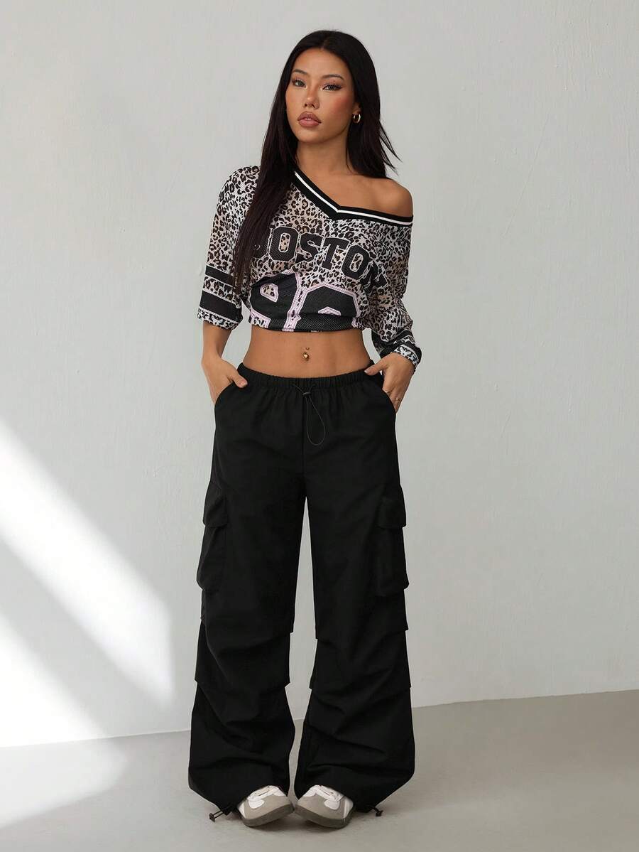 SHEIN PETITE 女士夏季街头复古西部风Y2K低腰降落伞工装裤 - 黑色 - 查看 1