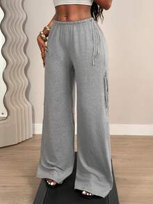Mistrie Summer Grey High-Waisted Side Tie Wide Leg Pants, Loose Drawstring Casual Sports Trousers - Grey - View 3