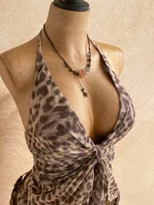 Soleia Women's Leopard Print Pleated Asymmetric Hem Halter Neck Camisole - Apricot - View 5