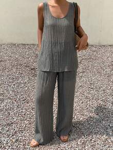 Livesso Summer Hollow Textured Sleeveless Tank Top Loose Straight Leg Pants Set, Grey, Casual, Vacation, Holiday, Elegant Business Office Outfit, Beach Wear - Dark Grey - View 7
