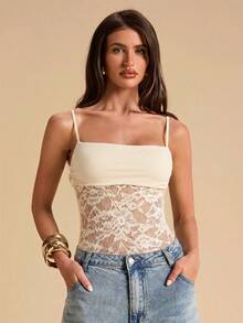 SHEIN BAE Áo hai dây ren đen phối ren mỏng gợi cảm, áo hai dây ren đen mùa hè, thích hợp cho các lễ hội âm nhạc, áo hai dây gợi cảm để đi chơi. - Màu be - Xem 4