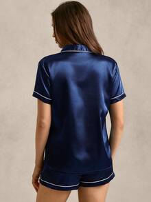 EverLounge Contrast Piping Satin PJ Set / Pajama Set - Navy Blue - View 2