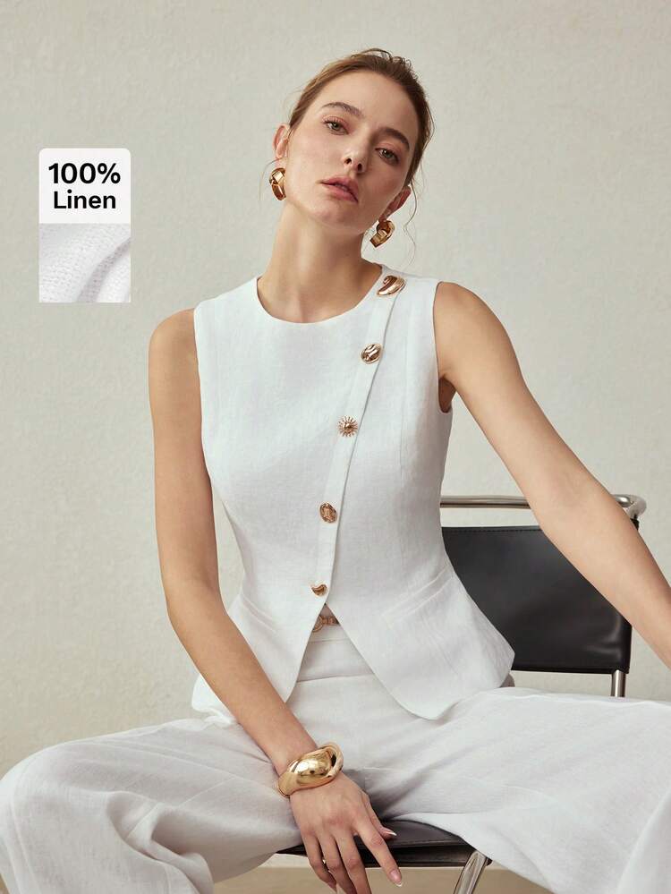 100% LINEN METAL BUCKLE DECOR VEST TOP, VINTAGE STYLE, SPRING/SUMMER