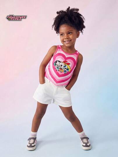 THE POWERPUFF GIRLS X SHEIN Maija Kids Young Girl Round Neck Fitted Asymmetric Hem Camisole, Spring/Summer