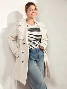 Momelise Plus Size Women's Elegant White Casual Trench Coat,Autumn Office Solid Color Long Sleeve Lapel Double-Breasted Windbreaker,Commuting Coat Fall - Apricot - View 3