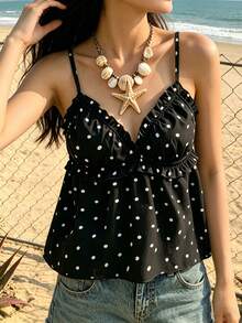 Jouncy Áo camisole nữ chấm bi xếp ly, kiểu dáng thường ngày, đa năng, thích hợp cho hẹn hò và đi chơi. - màu đen - Xem 6