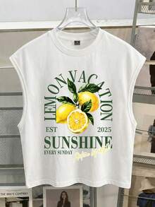 Manfinity Joysei Camiseta de tirantes holgada y unisex con estampado refrescante de limón, adecuada para salidas de verano y vacaciones - Blanco - Ver 1