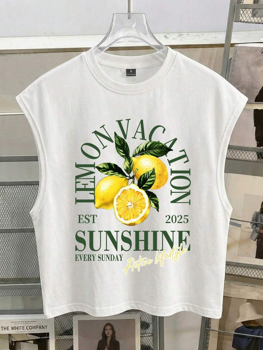 Manfinity Joysei Camiseta de tirantes holgada y unisex con estampado refrescante de limón, adecuada para salidas de verano y vacaciones - Blanco - Ver 1
