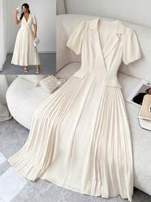 SHEIN Clasi Plus Size Women's White Summer Elegant Wedding Bridal French Office Commute Lapel Pleated Dress,Suitable For Evening Party,Gathering,Date,Graduation - Apricot - View 1