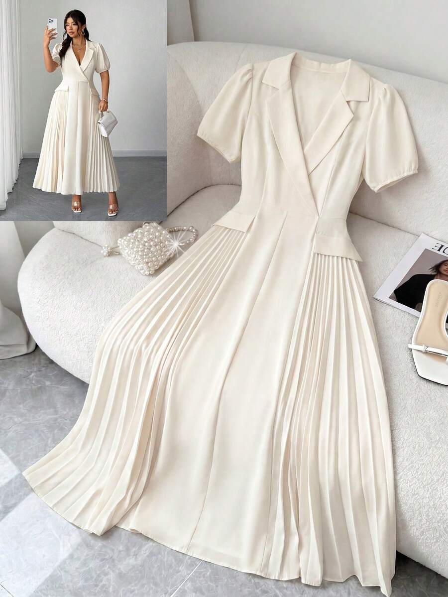 SHEIN Clasi Plus Size Women's White Summer Elegant Wedding Bridal French Office Commute Lapel Pleated Dress,Suitable For Evening Party,Gathering,Date,Graduation - Apricot - View 1
