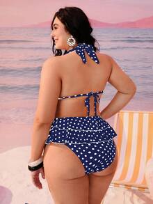 Swim Mod 大码女式两件套黑色波点印花挂脖系带性感沙滩度假比基尼泳装 - 藏蓝色 - 查看 2
