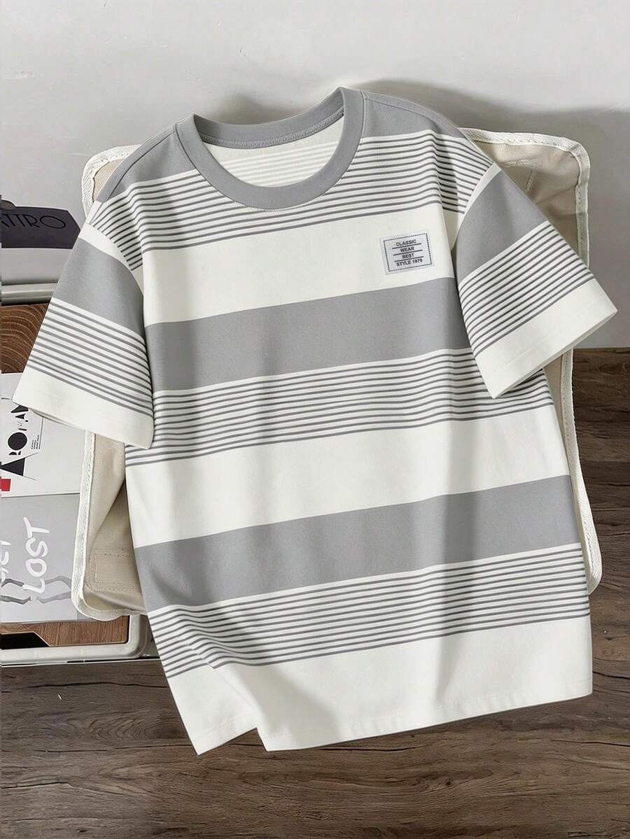 Manfinity Joysei Camiseta casual de cuello redondo de manga corta a rayas para hombre - Gris - Ver 1