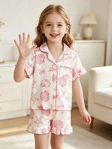 SHEIN Playful Pals 女童睡衣套装，舒适时尚的海洋元素印花，荷叶边下摆，优雅短袖上衣和短裤两件套家居服 - 杏色 - 查看 5