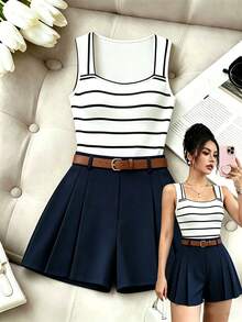 New Striped Crew Neck Sleeveless Top And Elastic Waist Shorts 2-Piece Set, Commuting Casual Slim Fit For Women - Black and White - View 1