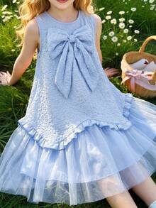 Elladie kids 夏季女童藍色花朵花童裙，無袖刺繡薄紗A字公主裙附大蝴蝶結，優雅小女孩生日派對外出穿著服飾 - 藍色 - 查看 3