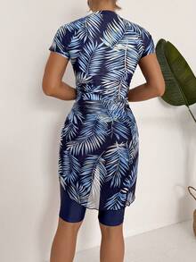 Swim Mulvari Conjunto de 3 piezas de mujer para vacaciones de verano en la playa, con camiseta sin mangas con estampado aleatorio de hojas y bikini de tirantes finos - Azul Marino - Ver 2