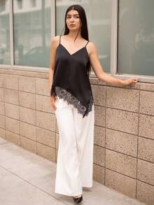 Andrea Bello 女士时尚蕾丝拼接不对称下摆黑色吊带背心，缎面蕾丝饰边，性感百搭，情人节必备 - 黑色 - 查看 5