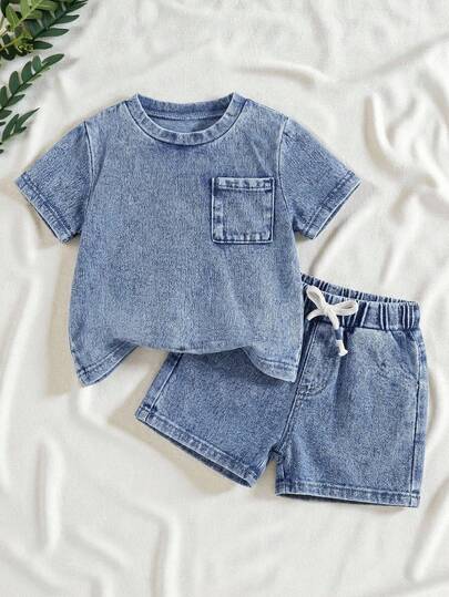 SHEIN 男婴针织牛仔宽松上衣和短裤两件套，蓝色