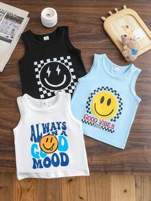 SHEIN Playful Pals 3件套婴儿笑脸字母印花休闲背心，包括男婴背心、夏季背心、T恤、笑脸背心、幼儿背心、男婴三件套上衣 - 彩色 - 查看 2
