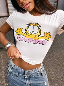 GARFIELD | SHEIN 女士圆领短袖露脐T恤 - 白色 - 查看 1