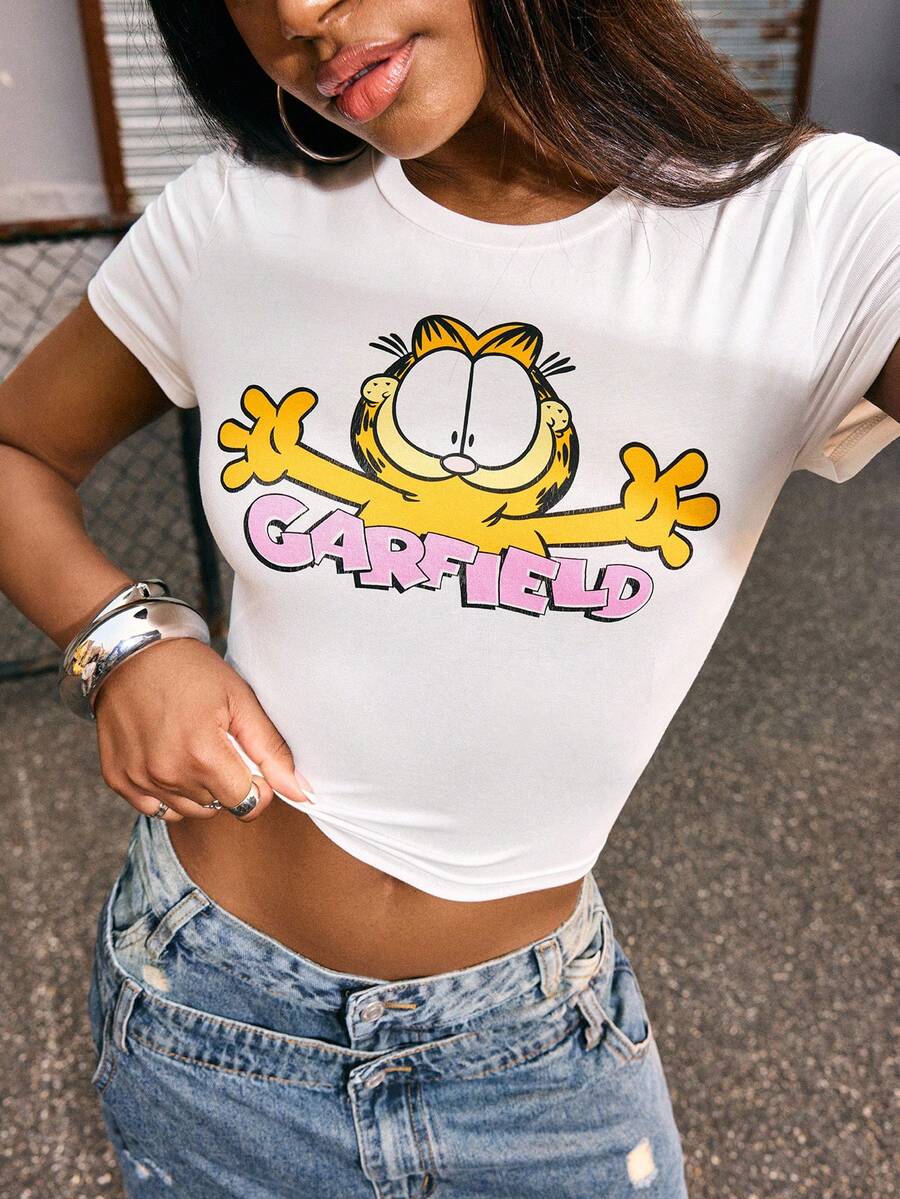 GARFIELD | SHEIN 女士圆领短袖露脐T恤 - 白色 - 查看 1