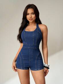 SHEIN FlexDen Bộ áo liền quần denim cổ yếm ôm sát thời trang dành cho nữ - Rửa tối - Xem 3