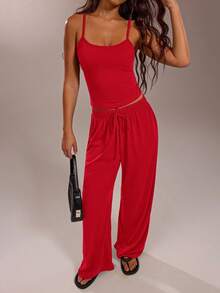 Avantive Women's Solid Color Camisole Top And Pants Casual Outfit,Summer Outfits For Women - Red - View 3