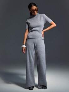 SHEIN Ribbed Knit Mock Neck Sleeveless Top & Wide Leg Pants Co-Ord Set – Minimal Stretch Lounge Matching Set - Grey - View 3