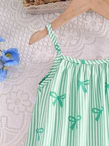 SHEIN Đầm hai dây bằng vải dệt, có nơ và sọc, in kỹ thuật số, viền xếp ly, thích hợp cho bé gái mặc hàng ngày vào mùa hè, đi chơi, du lịch, nghỉ mát, dự tiệc. - màu xanh lá - Xem 6