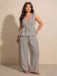 SHEIN Elaquor Bộ đồ thể thao gồm áo tank top cổ chữ V kẻ sọc phối màu tương phản và quần ống rộng, thích hợp cho mùa hè, kỳ nghỉ hoặc đi làm. - Nhiều màu - Xem 5