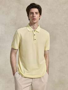 Courvante 男士字母刺繡領口 Polo 衫，條紋短袖黃色，適合工作、高爾夫、網球，極簡商務通勤與男友風 - 黃色 - 查看 3