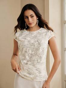 Anewsta Nouveau T-shirt d'été à col rond, manches courtes, en maille transparente avec perles. Blouse affinante pour femmes - Nude - Voir 8