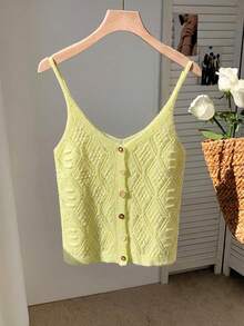 Franclia Lightweight Hollow-Out Knit Sleeveless V-Neck Vest Top, Retro Waistcoat For Summer - Light Yellow - View 1