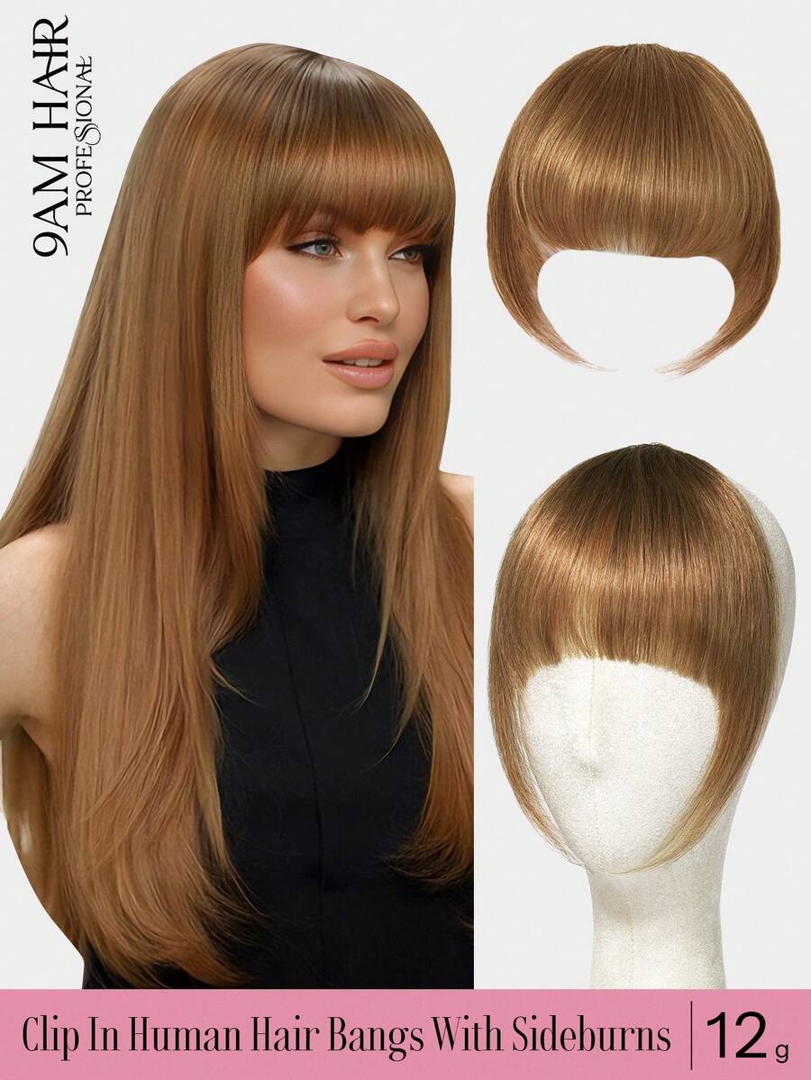 Clip In Hair Bangs 100% Human Hair Bangs 6# Light Brown Clip In Bangs Fringe With Temples Real Human Hair Fake Bangs Extensions For Women Daily Wear - S6 - View 1