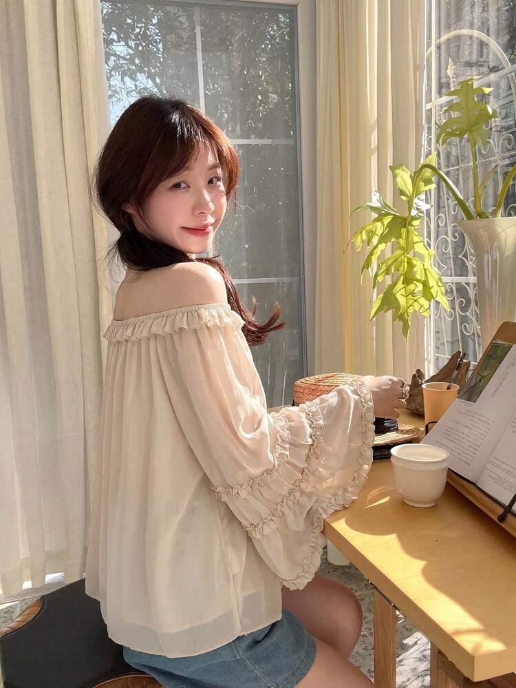 Women's Loose Solid Color Off-Shoulder Frill Trim Casual Vacation Summer Cover Up