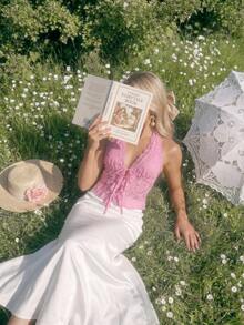 Glamine Charm 女士性感露背吊带背心，不对称下摆深V领前系带沙滩度假背心 - 粉色 - 查看 2