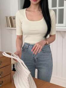 DAZY 女士纯色罗纹短袖修身休闲T恤 夏季 - 白色 - 查看 4