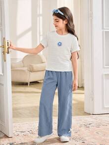 SHEIN Two Pieces Set Featuring A Girl's Blue And White 3D Floral Jacquard Top And Textured Wide-Leg Pants, Pants And Top Set, Ootd For Kids Girl 8 To12 Yrs Old, Youth Girl Clothes, Trouser Shirt For Girls - Blue and White - View 3