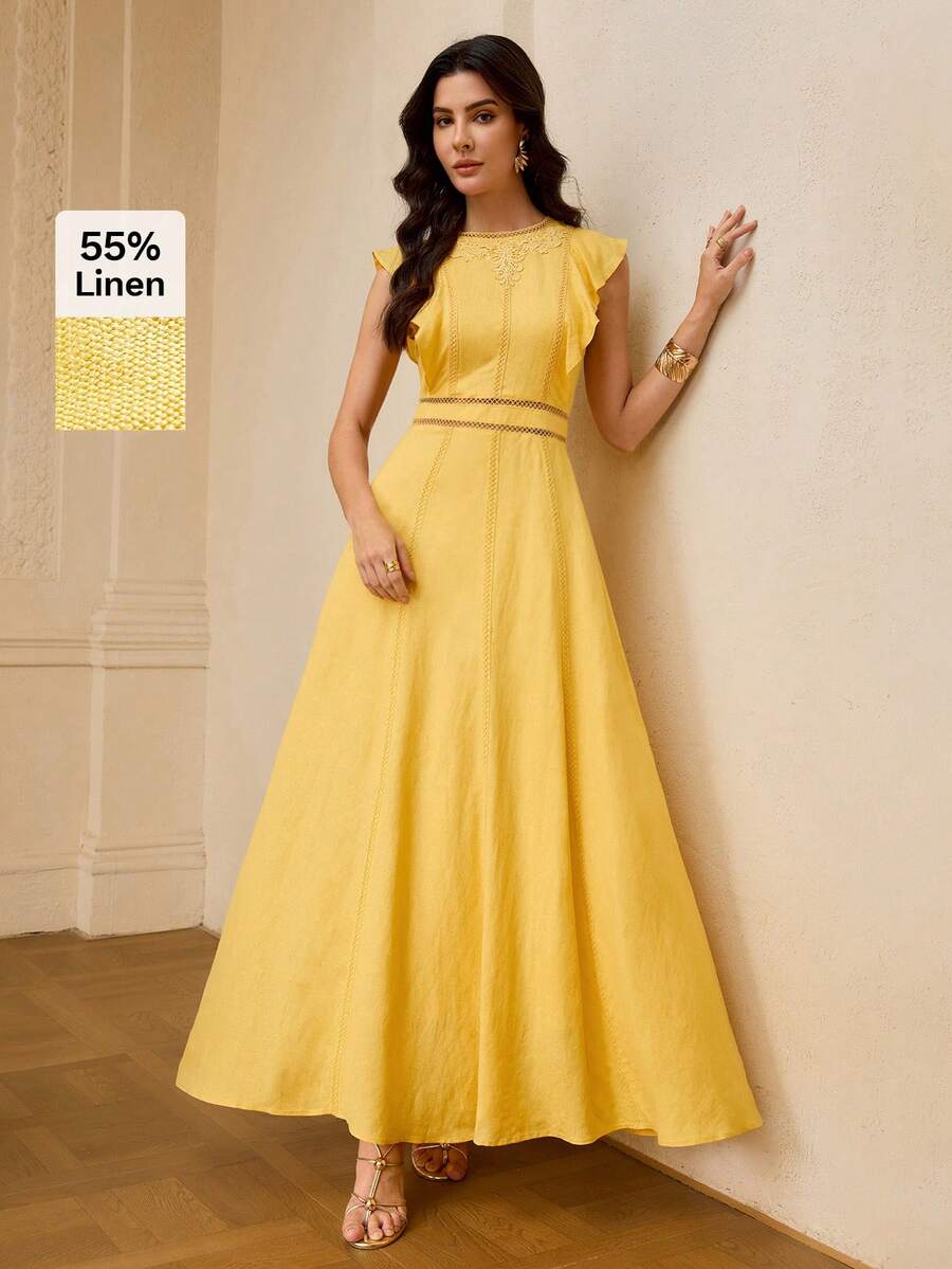 ZEYLAH Linen Hollow Embroidered Lace Patchwork A-Line Dress, Spring/Summer - Yellow - View 1