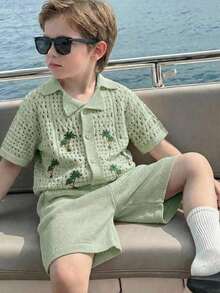 2pcs Young Boys Casual Vacation Palm Tree Crochet Texture Polo Collar Cardigan And Shorts Set, Comfortable And Versatile - Green - View 6
