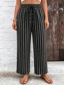 SHEIN VCAY Quần dài nữ cỡ lớn kiểu dáng thường ngày, họa tiết hoa và sọc retro, thích hợp cho mùa xuân và hè, màu đen. - màu đen - Xem 3
