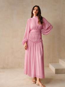 Anewsta Essential Women's Lantern Sleeve Mid-Length Dress, Extra Long Elegant Chiffon Long Sleeve Dress, Casual Summer Dress - Pink - View 3