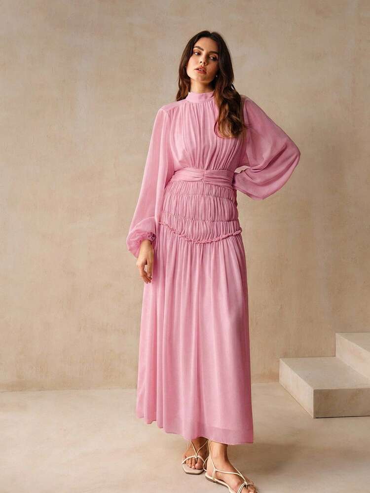 Vestido de manga farol de longitud media para mujer, vestido largo elegante de manga larga de gasa extra larga, rosa
