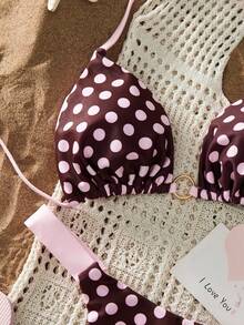 Swim Mod Women's 2pcs Polka Dot Random Print V-Neck Halter Tie Bikini Thong Swimwear Set, Summer Beach Party Pink And Brown Polka Dot Sexy - Multicolor - View 6