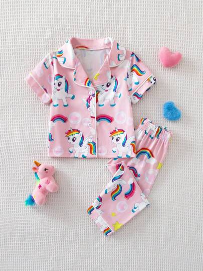 Spring/Summer Baby Girl Cute Cartoon Unicorn, Rainbow Print Short Sleeve Top And Pants Set, Soft Knit Fabric Pajamas/Loungewear Liked By Girls