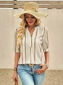 EMERY ROSE Women's Casual Boho Loose V-Neck 3/4 Sleeve Shirt, Summer, Suitable For Daily Wear And Outings, Blue And White Striped Design Vacation - Khaki - View 5