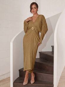 Modelyn Women's Solid Color Deep V-Neck Metal Decor Casual Party Dress - Khaki - View 6