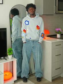 Harrin Don Harrin Don 男士休闲花卉刺绣连帽卫衣，秋冬季花卉图案连帽衫，街头风Y2K连帽衫，男士泡泡印花连帽衫，长袖上衣 - 灰色 - 查看 4